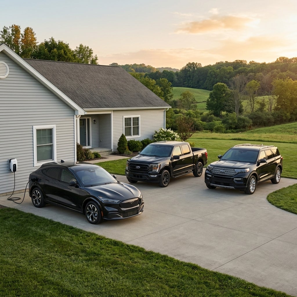 Three black Ford vehicles, including a Mustang Mach-E charging, parked in a driveway at sunset. (Representative image for illustration purposes only. Actual vehicle may vary based on trim and configuration.)