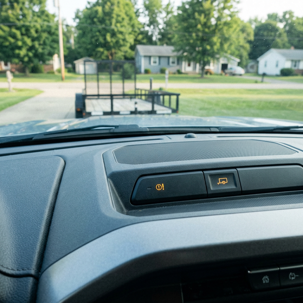 A truck's dashboard showing trailer connection indicators, with an empty flatbed utility trailer hitched in the driveway. (Representative image for illustration purposes only. Actual vehicle may vary based on trim and configuration.)