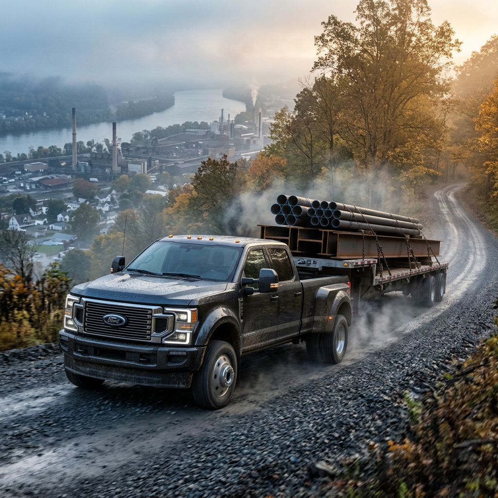 A dark gray Ford Super Duty dually truck hauling a flatbed trailer with steel pipes and beams up a steep gravel road. (Representative image for illustration purposes only. Actual vehicle may vary based on trim and configuration.)