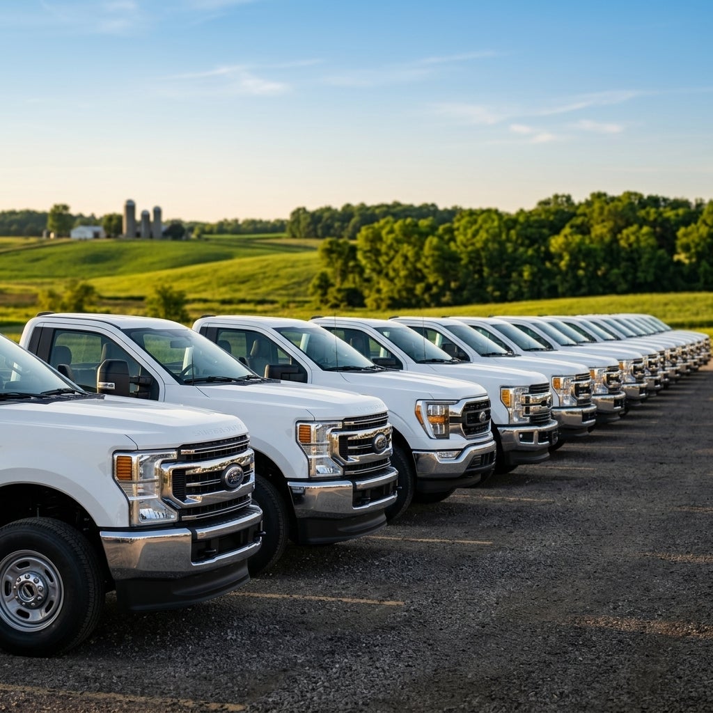Cinematic commercial photography of a massive fleet of identical, brand-new white Ford Super Duty and F-150 work trucks, arranged in a perfectly aligned diagonal row stretching toward the horizon, emphasizing scale and volume-based procurement, set against the rolling green hills and lush landscapes