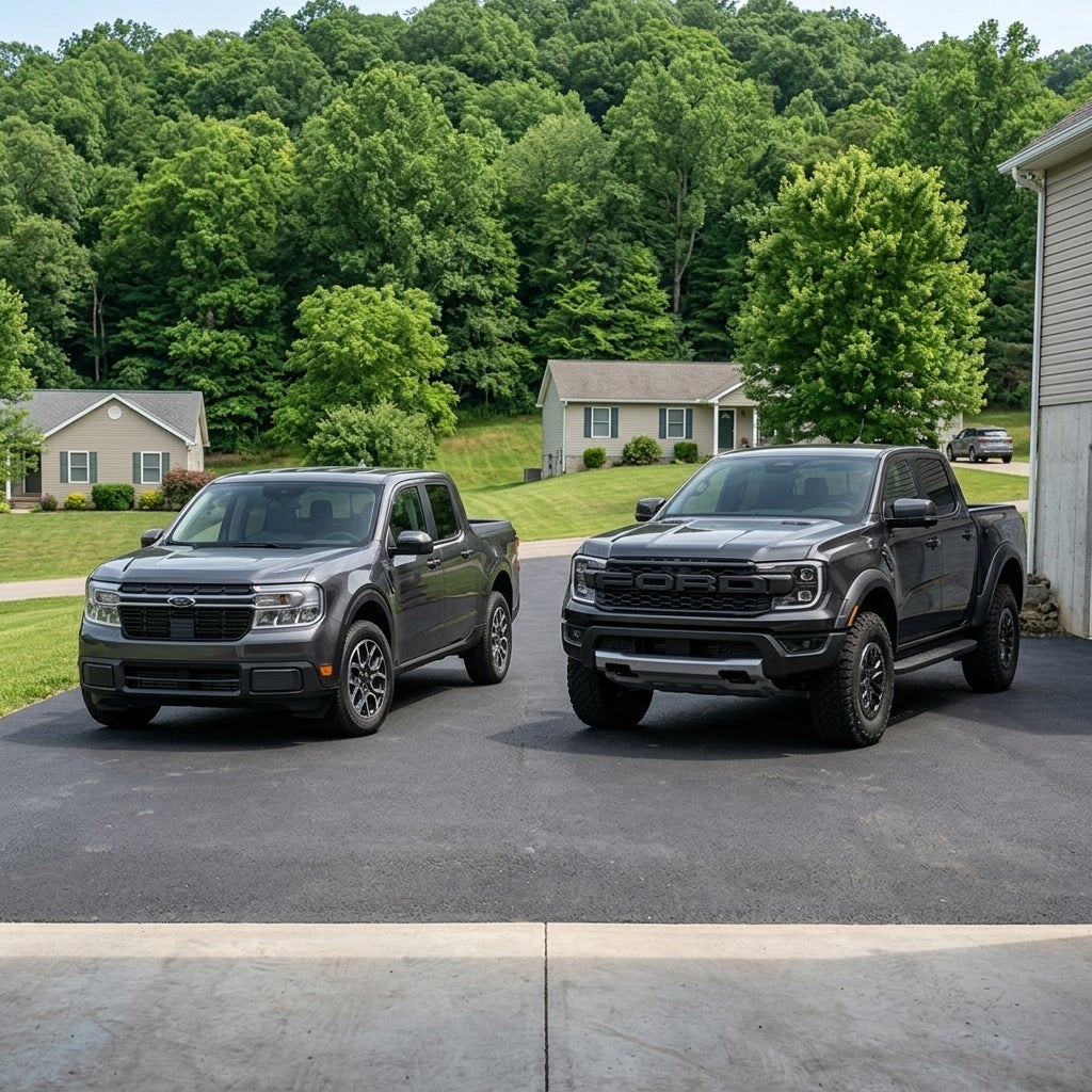 Two grey Ford pickup trucks parked side by side on a paved driveway in front of a green hill. (Representative image for illustration purposes only. Actual vehicle may vary based on trim and configuration.)