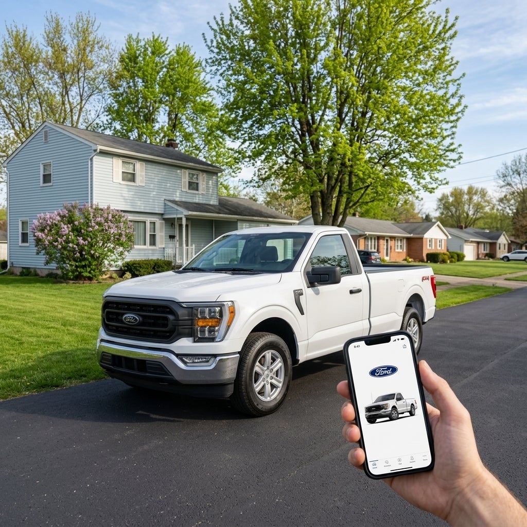 Vivid, low-angle ground-level shot, a late-model white Ford F-150 parked on a clean, asphalt driveway of a modest, two-story mid-century vinyl-sided home in a quiet Calcutta, Ohio suburban neighborhood, late May afternoon, bright and clear spring sunlight, lush green lawns, blooming lilac bushes, ma