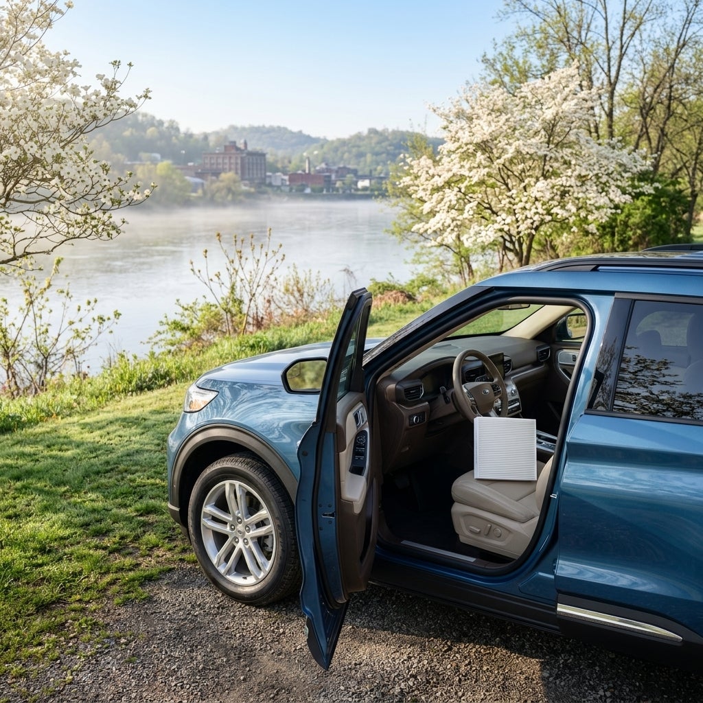 Cinematic photography of a pristine, modern Ford SUV parked along the lush, green banks of the Ohio River in East Liverpool, Ohio, during a vibrant spring morning. The scene features blooming white dogwood trees and budding vegetation, with soft sunlight filtering through a light morning mist. A hig