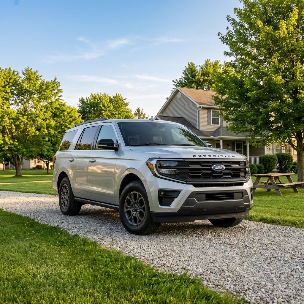 A pristine 2026 Ford Expedition in iconic silver, parked in a clean gravel driveway of a modest, well-maintained two-story siding home in Calcutta, Ohio, late afternoon sun, June warmth, clear blue sky with soft wisps of clouds, lush green deciduous trees in full summer foliage, a neatly trimmed law