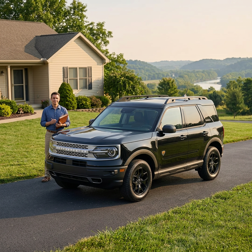 A man holding a leather portfolio stands beside a black Ford Bronco Sport parked on a driveway in front of a house. (Representative image for illustration purposes only. Actual vehicle may vary based on trim and configuration.)