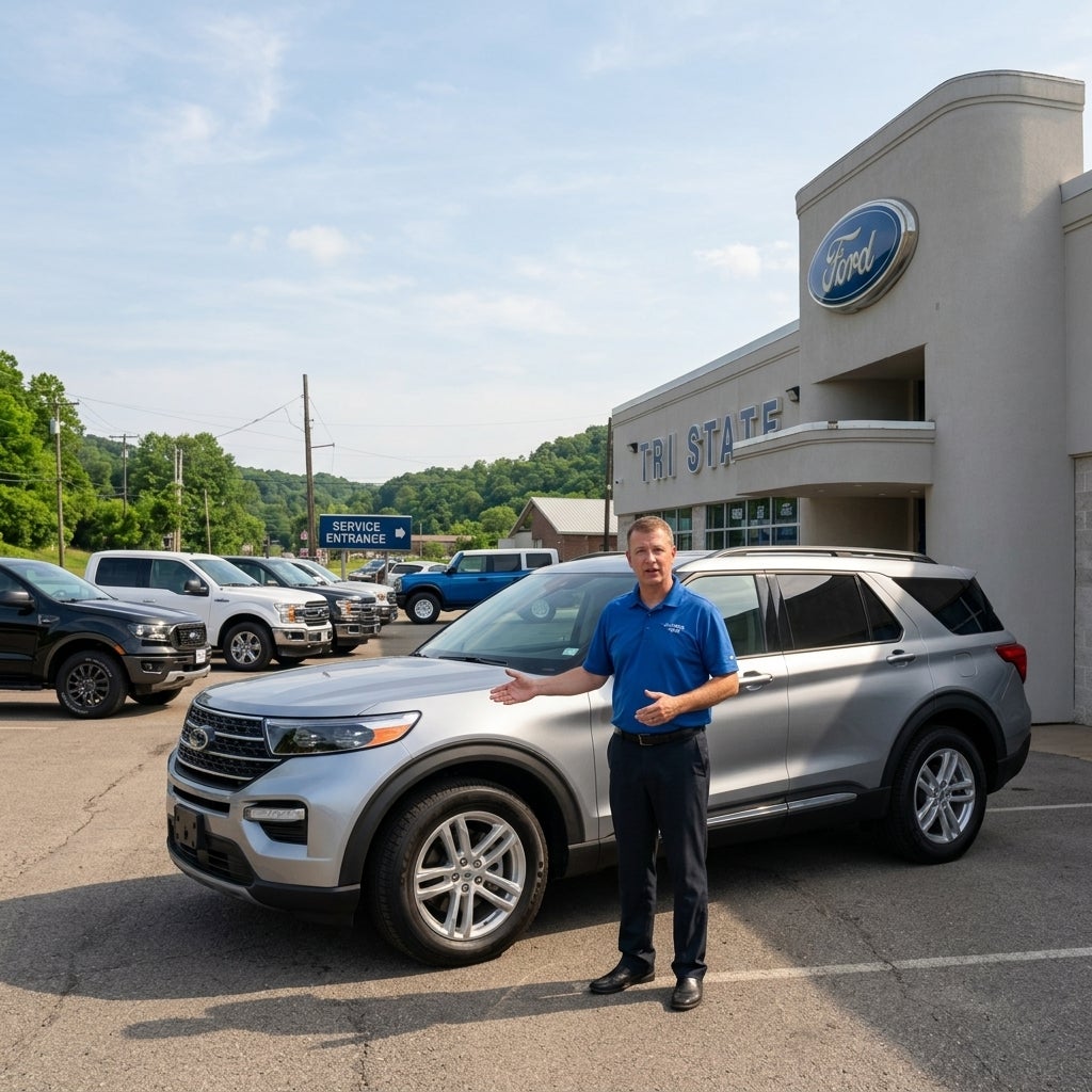 A professional, middle-aged automotive sales manager with a friendly, approachable expression, standing on a paved dealership lot in Calcutta, Ohio, during a bright, clear Tuesday afternoon in late June. He is dressed in a clean, short-sleeved blue polo shirt and dark slacks, gesturing toward a well