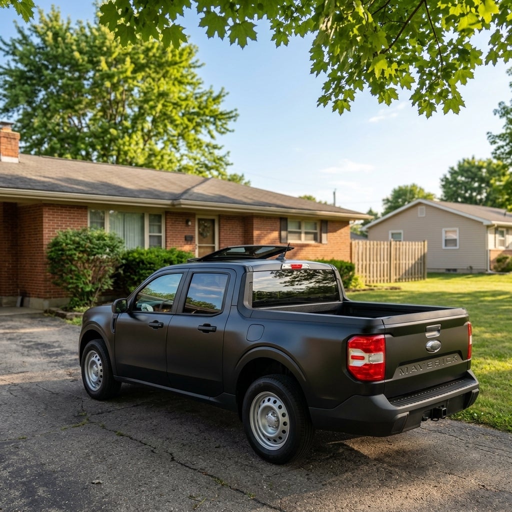Ford Maverick compact pickup truck, 2026 model, parked in a modest asphalt driveway of a traditional mid-century brick ranch house, Calcutta Ohio suburban neighborhood, late June afternoon, lush green maple trees, clear blue summer sky with soft hazy sunshine, focus on the power moonroof glass panel
