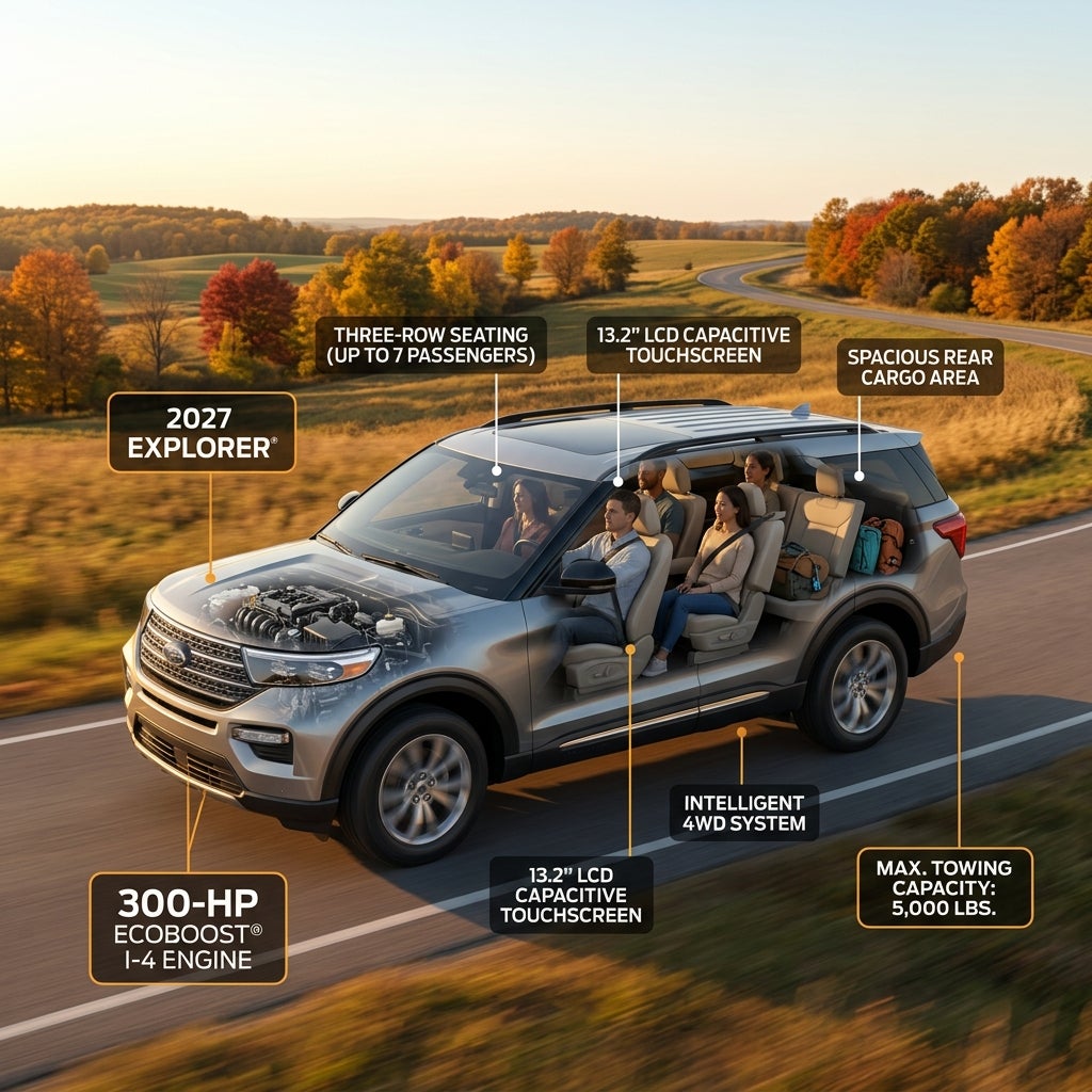 Cutaway graphic of a 2027 Explorer SUV highlighting key engine, seating, tech, and towing features. (Representative image for illustration purposes only. Actual vehicle may vary based on trim and configuration.)