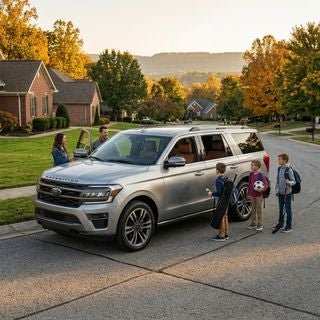 A sleek, modern 2026 Ford Expedition full-size SUV parked on a quiet, tree-lined suburban street in the rolling hills of the Tri-State area near the Ohio River, three-quarter front angle, bold front grille and polished metallic silver finish reflecting the warm golden hour sunlight, traditional American suburban architecture with brick accents and manicured lawns in the background, distant hazy bluffs of the Appalachian Plateau under a clear sky, a large family with 3 children carrying sports gear and backpacks standing near the vehicle, open doors revealing a spacious premium leather interior with three rows of seating, cinematic lighting, vibrant autumn foliage in shades of amber and deep green, high-detail textures on the asphalt and vehicle body, professional automotive commercial photography style, crisp and clear atmosphere.