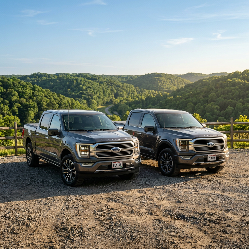 Two grey Ford F-150 Platinum pickup trucks parked on a dirt overlook with lush green hills in the background.