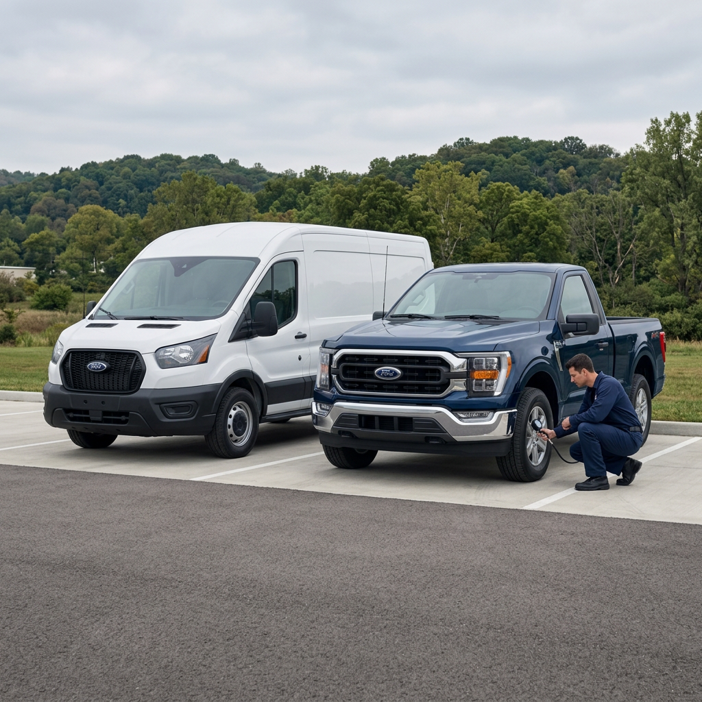 A service technician in blue uniform checks the tire pressure of a dark blue Ford pickup truck parked next to a white van. (Representative image for illustration purposes only. Actual vehicle may vary based on trim and configuration.)