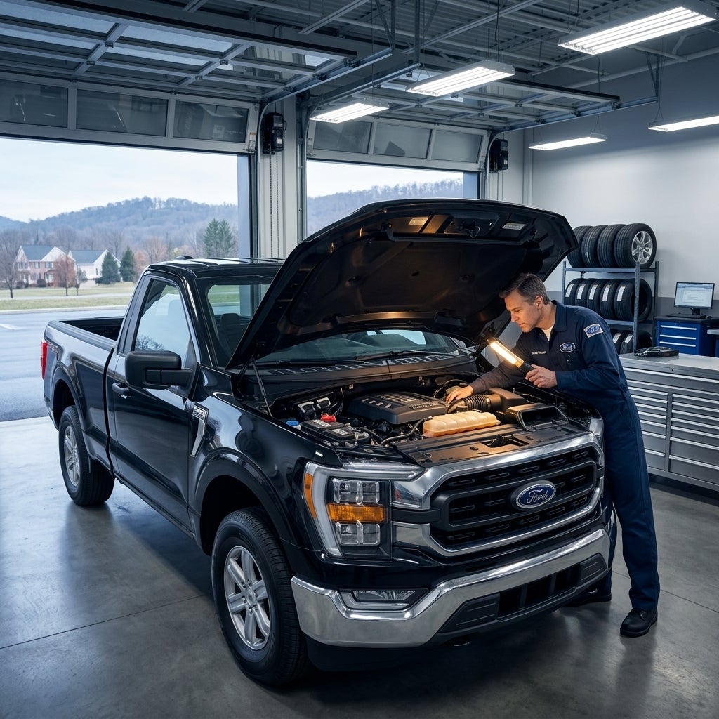 Professional cinematic wide shot of a 2026 Ford F-150 parked in a pristine, high-tech automotive service bay, a skilled service manager in a professional technician uniform carefully inspecting the open engine bay with a focused expression, low angle perspective emphasizing the truck's rugged front 