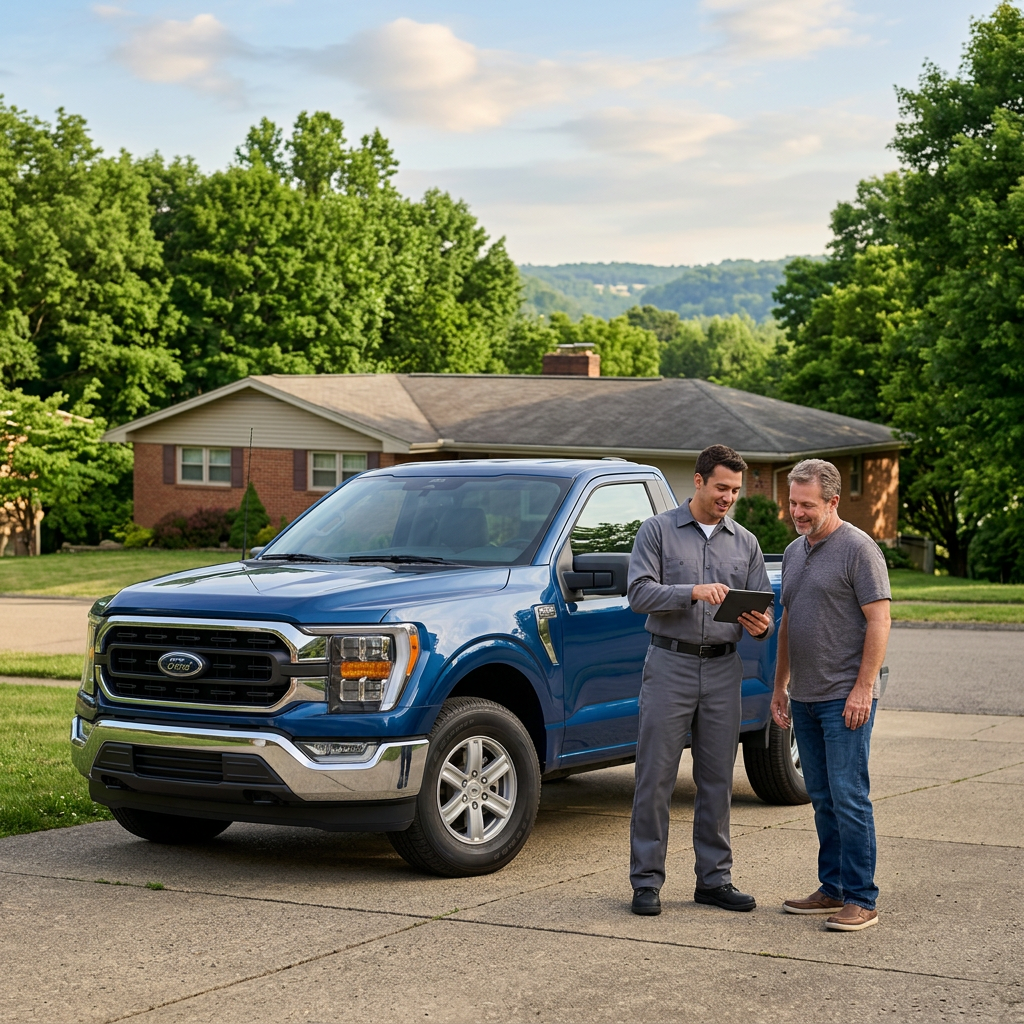 A service technician shows a tablet to a homeowner next to a blue Ford F-150 truck in a residential driveway.