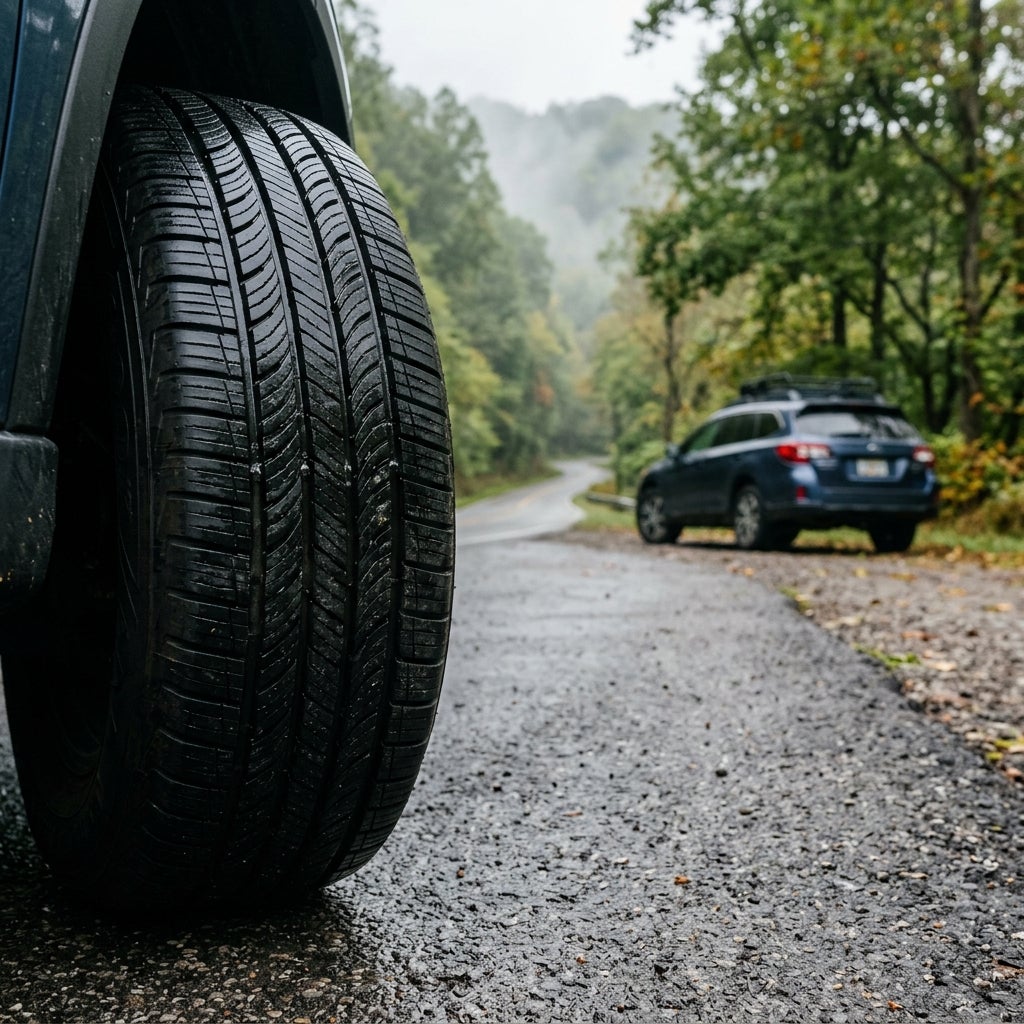 A detailed low-angle macro photograph of a modern vehicle tire, focusing on the intricate textures and deep grooves of a directional tread pattern. The tire is positioned on a damp, dark asphalt road winding through the rolling, wooded hills of the Ohio River Valley. The composition emphasizes the d