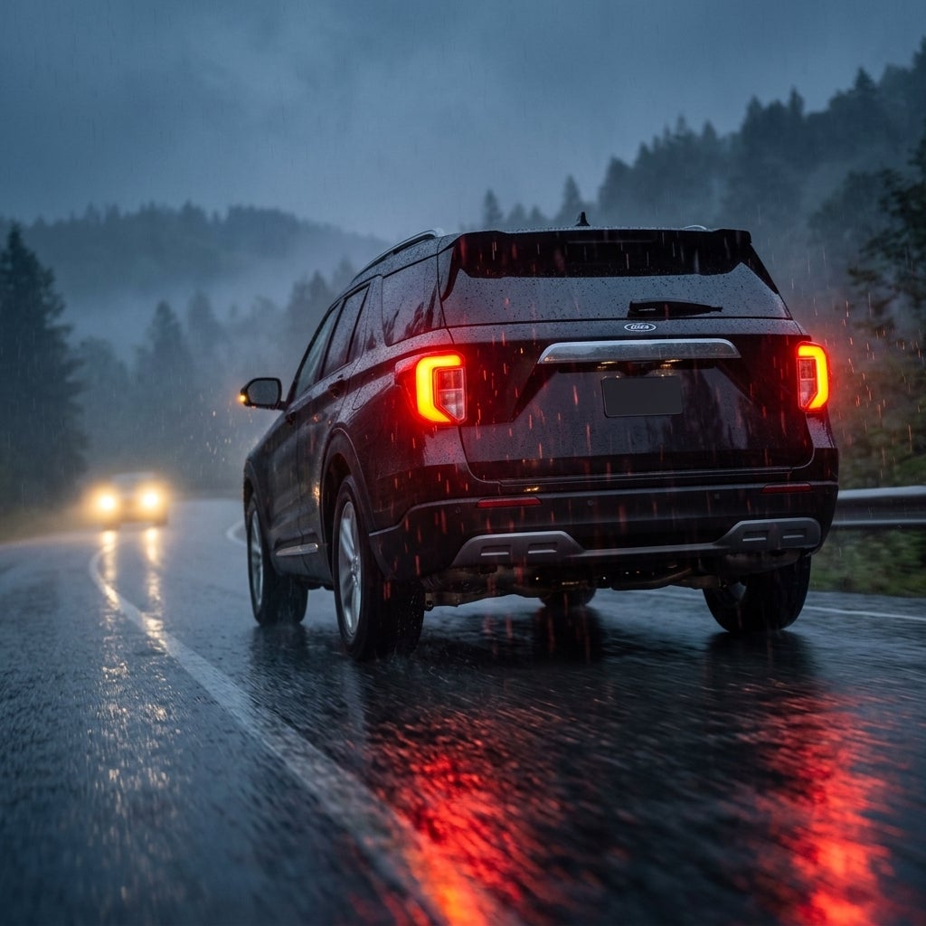 Rear view of a dark SUV driving on a wet, rainy mountain road at dusk with taillights glowing. (Representative image for illustration purposes only. Actual vehicle may vary based on trim and configuration.)