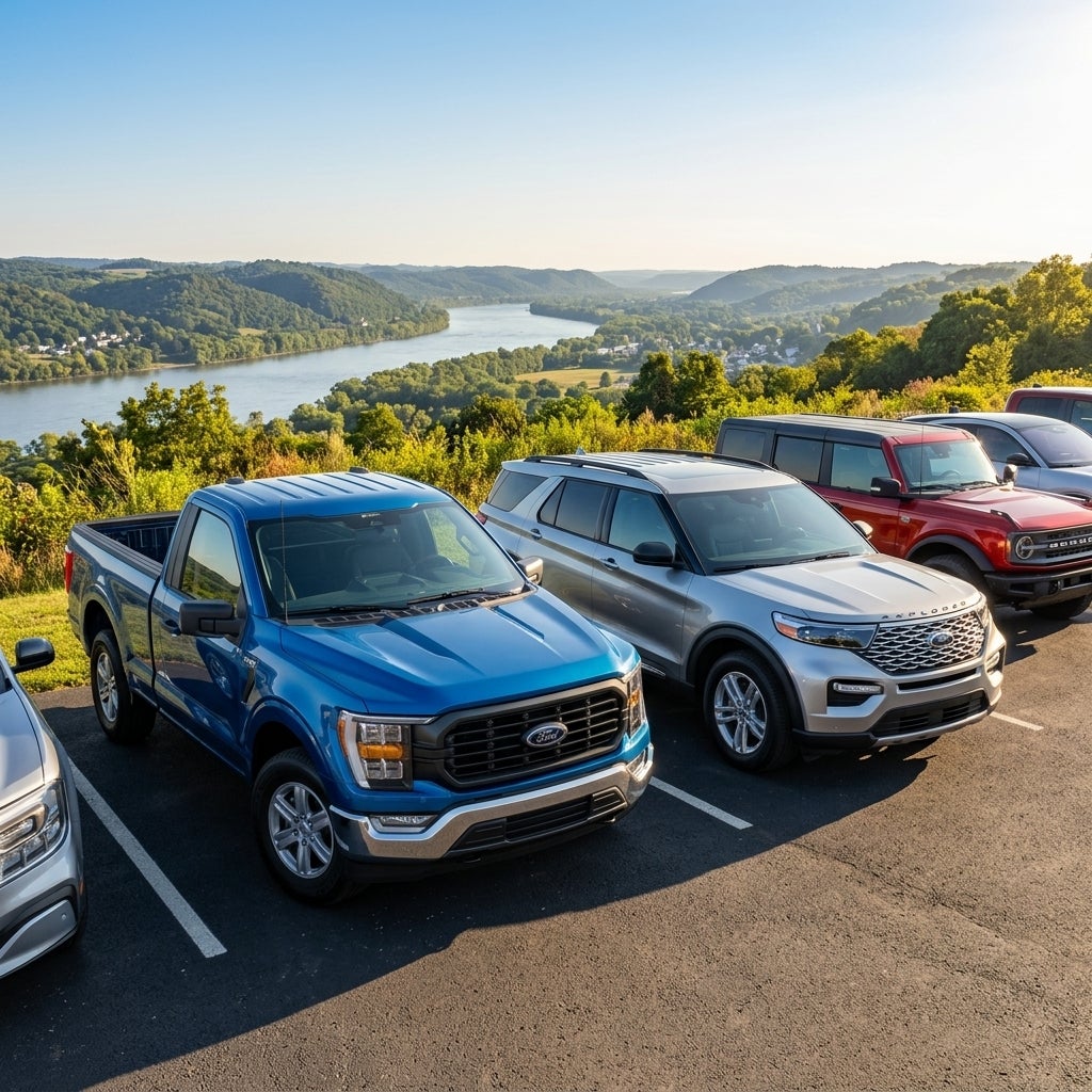 Professional commercial automotive photography, a fleet of new 2025 Ford vehicles including a metallic blue F-150 and a silver Ford Explorer parked on a lot in the East Liverpool, Ohio area, low-angle wide-angle lens perspective to emphasize the vehicles, soft rolling hills and the lush seasonal ve