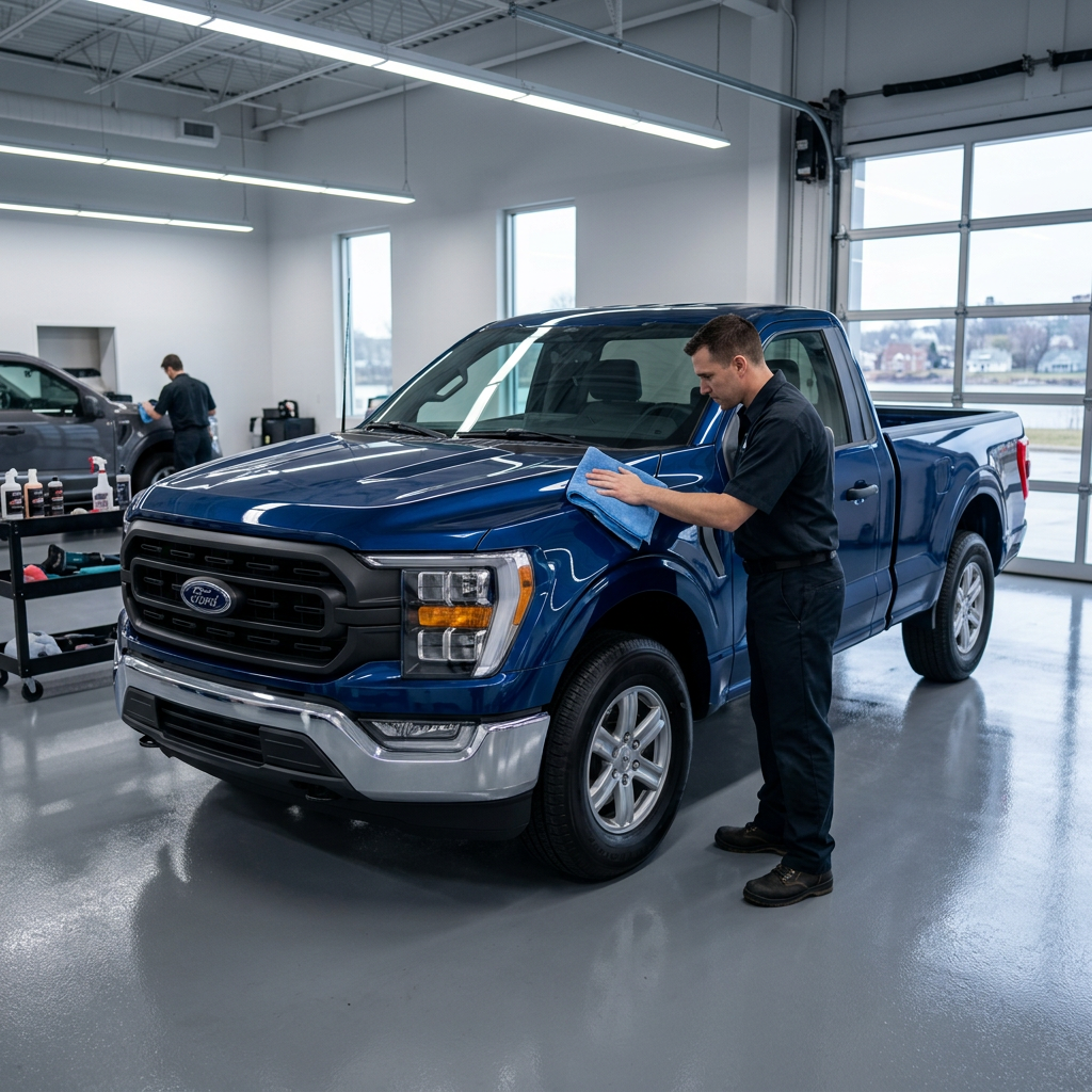 A man in a black uniform wipes the hood of a shiny blue Ford F-150 pickup truck with a blue microfiber cloth.
