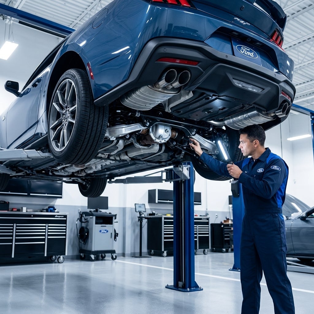 A high-resolution automotive photograph of a sleek 2026 Ford Mustang fastback in a deep metallic blue, positioned on a professional hydraulic lift inside a modern, brightly lit Ford dealership service bay, low-angle perspective looking up at the rear drivetrain and suspension assembly, a skilled tec