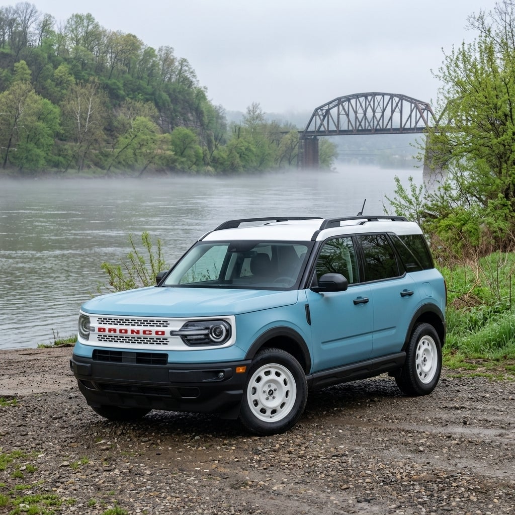 2026 Ford Bronco Sport Heritage, nostalgic aesthetic, Robin’s Egg Blue paint with an Oxford White roof and grille, parked on a gravel landing beside the Ohio River in East Liverpool, wide-angle ground-level shot, early morning spring light, misty river atmosphere, lush green riparian vegetation, bud