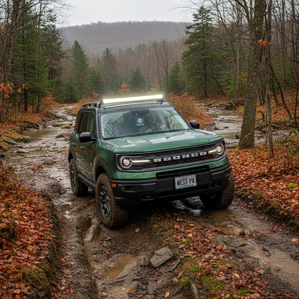 A Bronco Sport using Rock Crawl mode to navigate a challenging terrain, highlighting its off-road engineering.