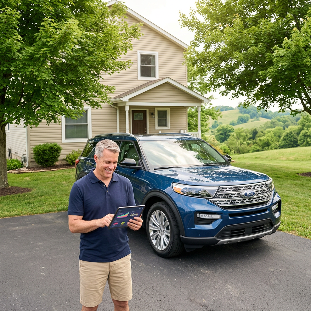 A man in a blue polo looks at a tablet while standing in front of a blue Ford SUV and a beige suburban house.