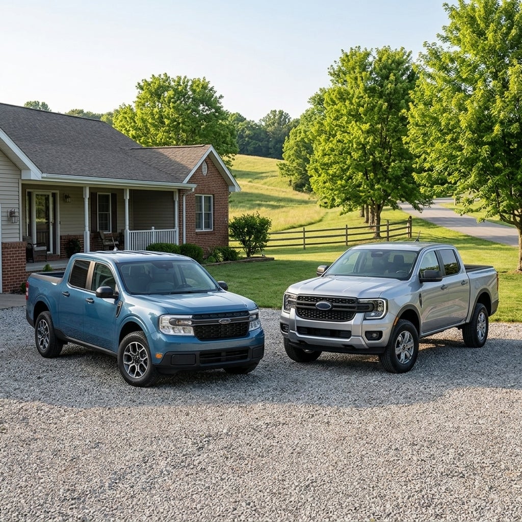 A blue Ford Maverick and a silver Ford Ranger parked on a gravel driveway in front of a country home. (Representative image for illustration purposes only. Actual vehicle may vary based on trim and configuration.)