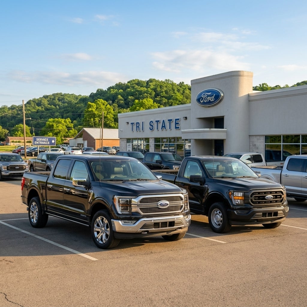 Ford dealership lot, East Liverpool, Ohio, late June afternoon, 2026, clear blue sky with soft summer clouds, golden hour sunlight reflecting off the polished hoods of several 2026 Ford F-150 trucks, focus on a high-trim F-150 Lariat with a Chrome Appearance Package parked next to a base XL trim, sh