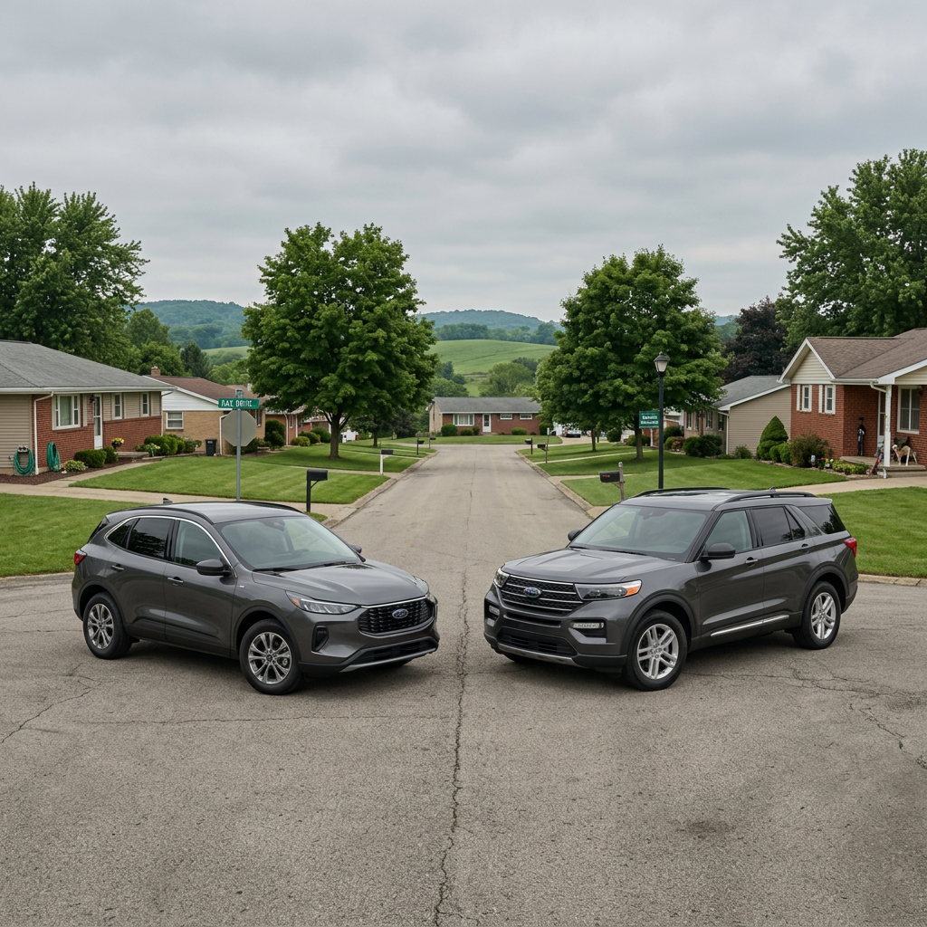 Two grey Ford SUVs parked on a suburban street with houses and green lawns in the background. (Representative image for illustration purposes only. Actual vehicle may vary based on trim and configuration.)