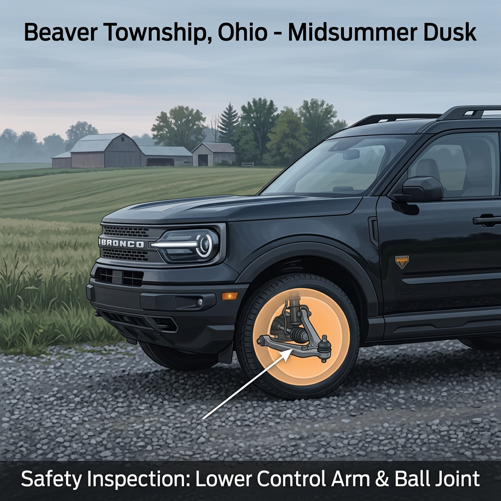 Illustration of a black Ford Bronco Sport with an inset showing the lower control arm and ball joint suspension parts. (Representative image for illustration purposes only. Actual vehicle may vary based on trim and configuration.)