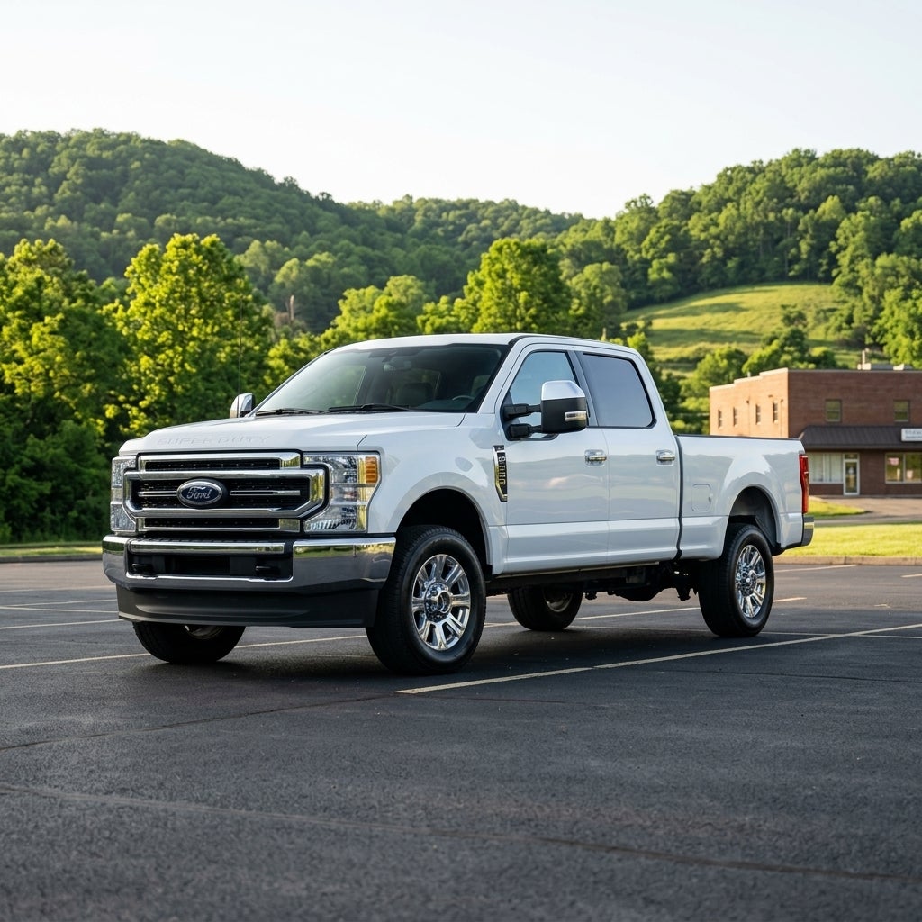 2026 Ford F-250 Super Duty parked on lot, East Liverpool, Ohio, early June morning, bright clear sky, soft morning sunlight, low camera angle, wide shot, trucks as focal points, Ford in iconic Oxford White, rugged chrome grilles, heavy-duty towing mirrors, polished alloy wheels, background features 