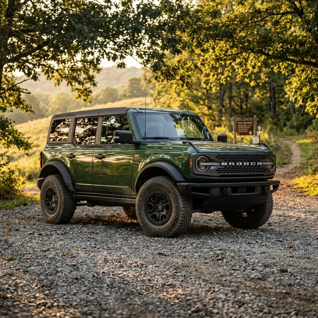 Green Ford Bronco 4-door SUV parked on a gravel path in a sunny forest. (Representative image for illustration purposes only. Actual vehicle may vary based on trim and configuration.)