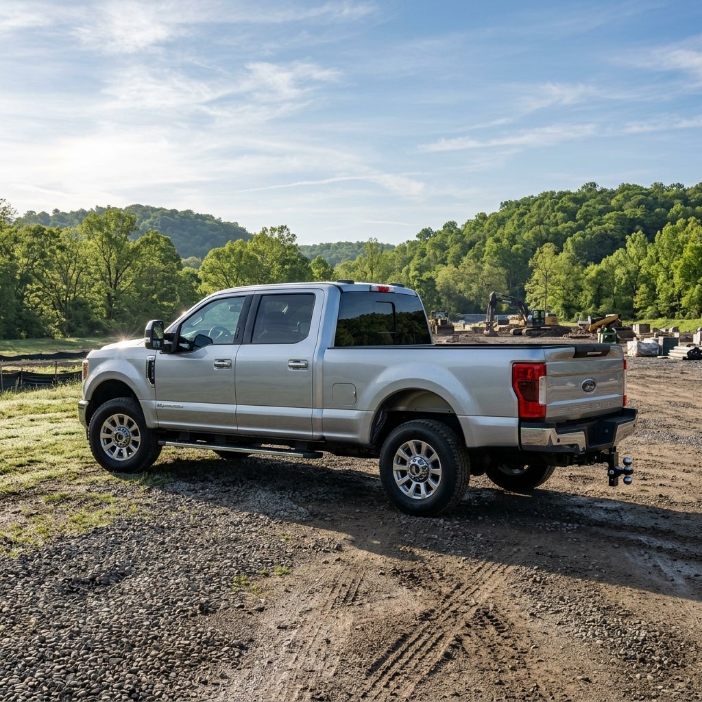 A 2026 Ford F-250 Super Duty in iconic silver on a gravel-lined lot near a local construction site in East Liverpool, Ohio, realistic low-angle shot, June morning sunlight, bright blue sky with wispy clouds, rolling hills of the Appalachian Plateau in the background, lush green deciduous trees, mid