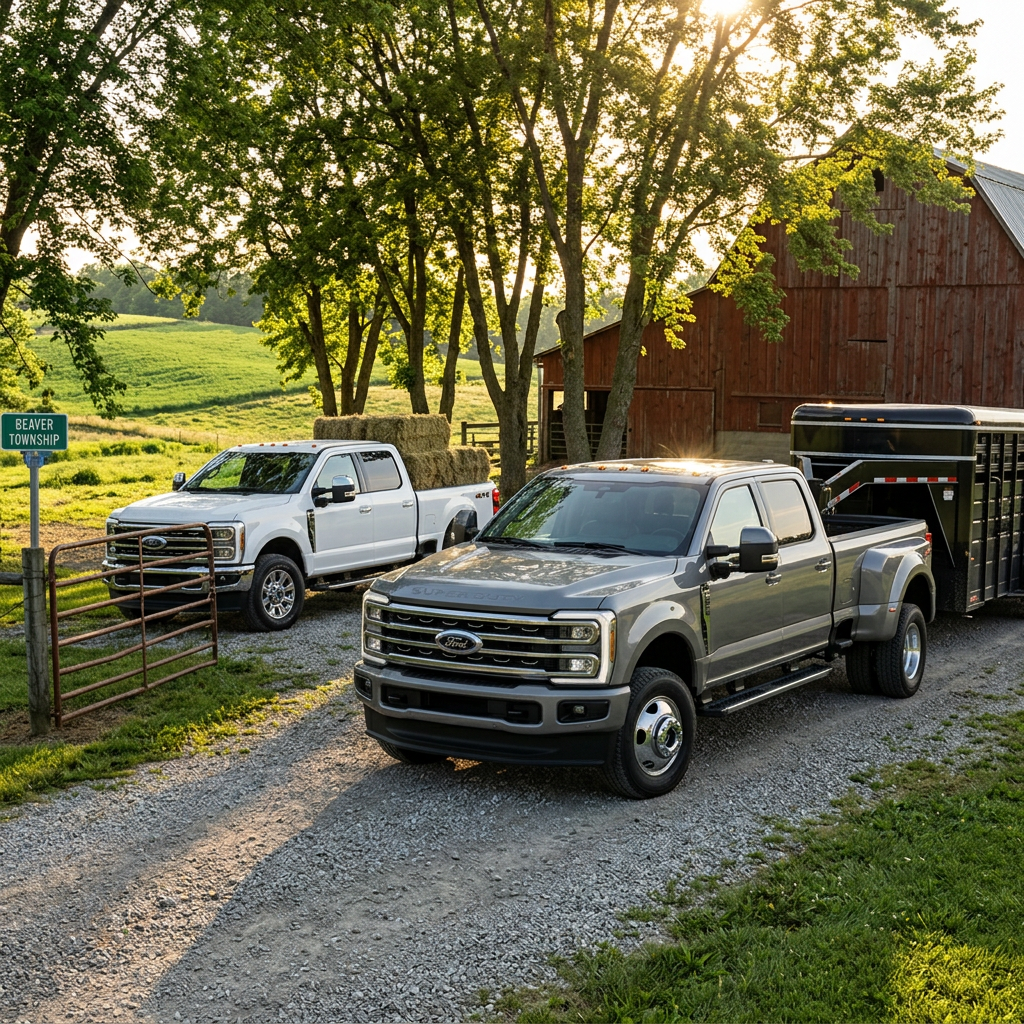 Two Ford Super Duty pickup trucks parked on a gravel path on a farm with a red barn in the background.
