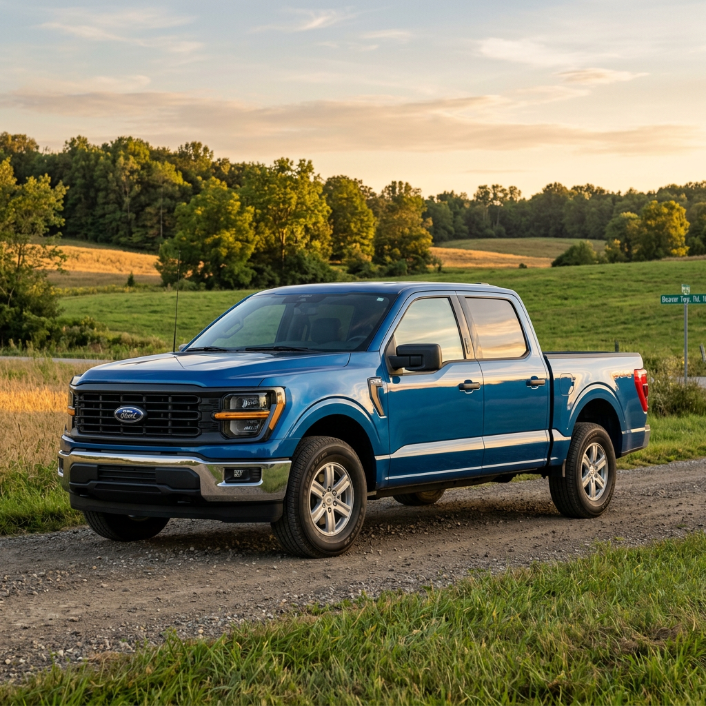 A blue Ford F-150 pickup truck parked on a gravel dirt road in a countryside landscape during sunset. (Representative image for illustration purposes only. Actual vehicle may vary based on trim and configuration.)