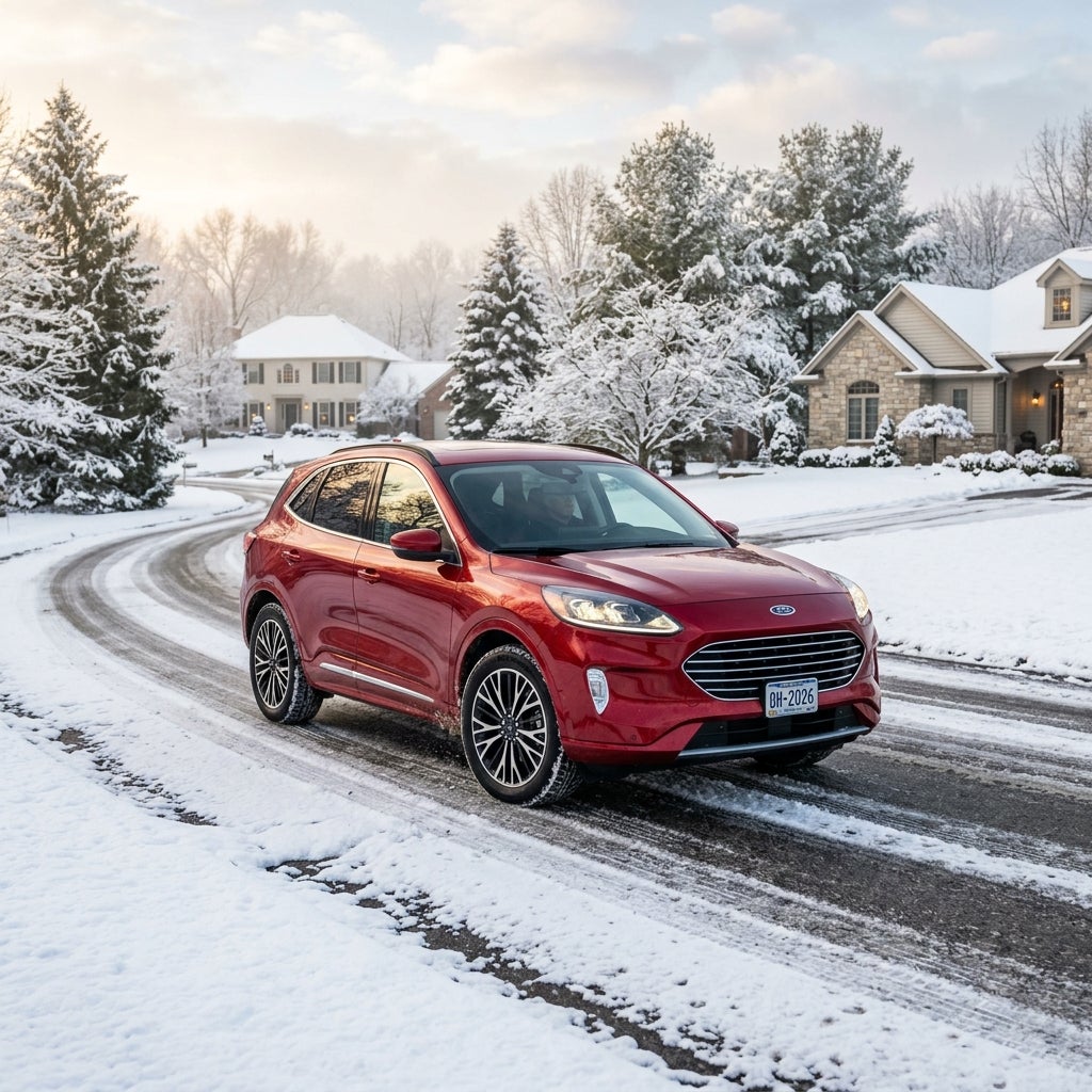 The 2026 Ford Escape driving confidently through a light spring rain on a paved road.