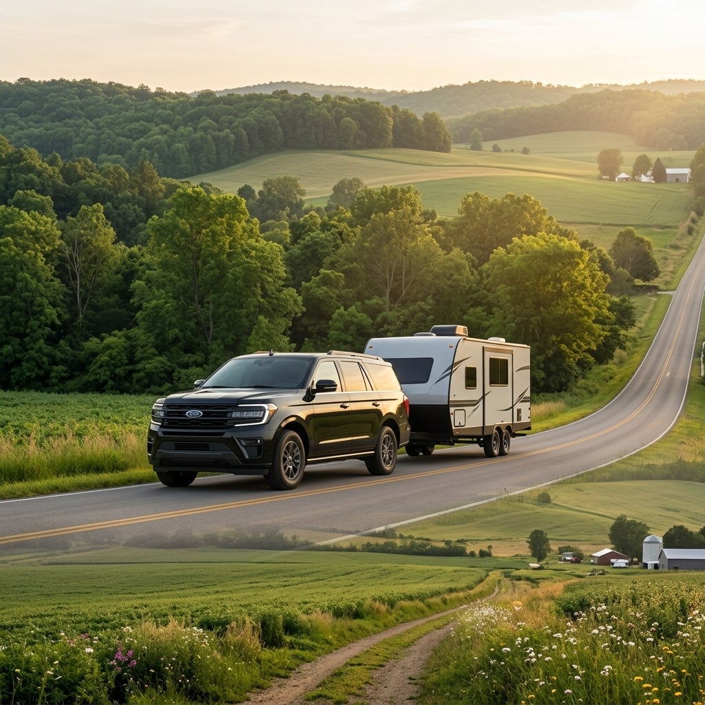 Black SUV towing a travel trailer on a winding country road through rolling green hills. (Representative image for illustration purposes only. Actual vehicle may vary based on trim and configuration.)