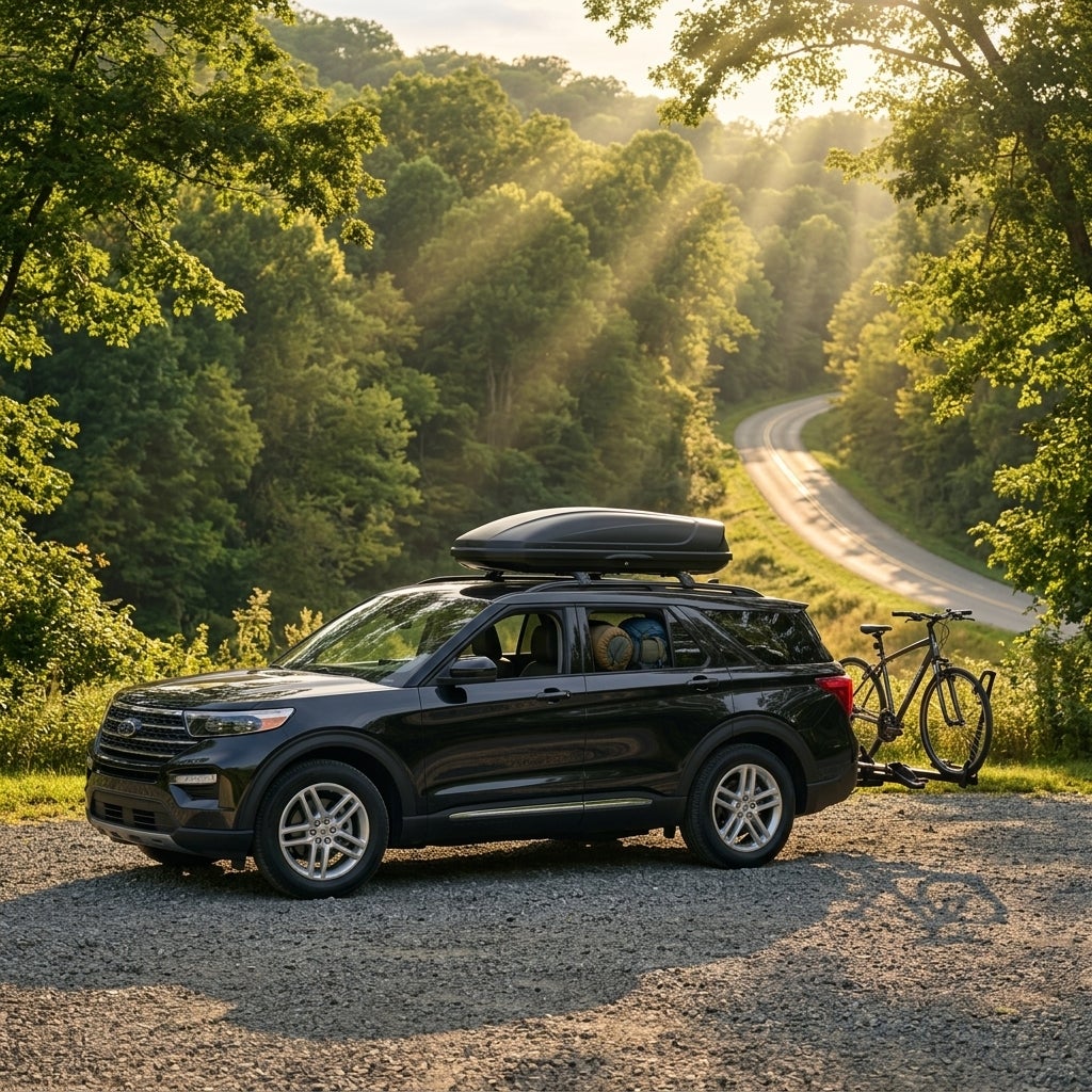 A black SUV with a roof cargo box and bike rack parked on a gravel overlook next to a winding forest road. (Representative image for illustration purposes only. Actual vehicle may vary based on trim and configuration.)