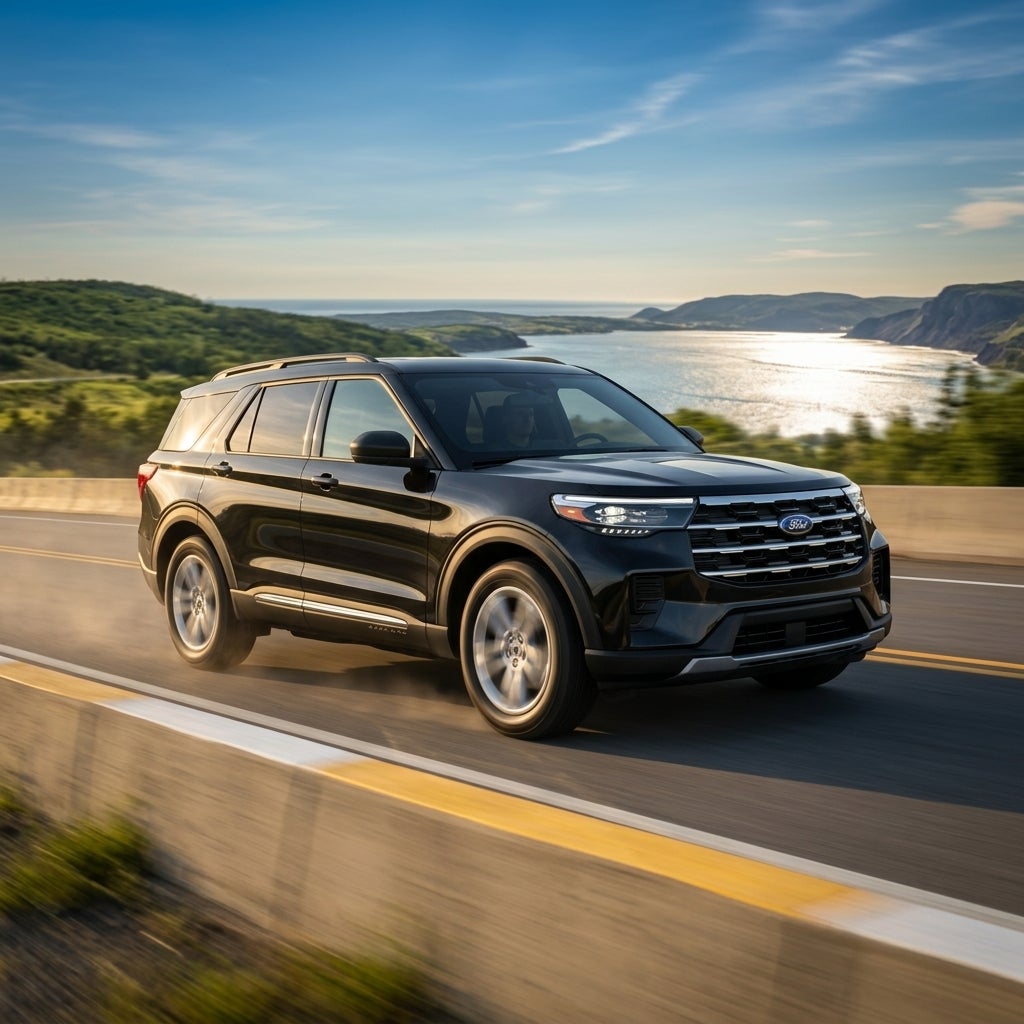 Cinematic wide shot of a brand new 2026 Ford Explorer cruising along a scenic coastal highway during a brilliant summer afternoon, golden hour glow illuminating the vehicle, metallic paint reflecting the vibrant blue sky and lush greenery, low-angle tracking shot capturing the motion of the wheels o