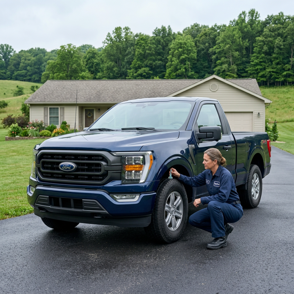 A female mechanic in blue overalls checks the front tire of a blue Ford F-150 truck parked on a driveway. (Representative image for illustration purposes only. Actual vehicle may vary based on trim and configuration.)