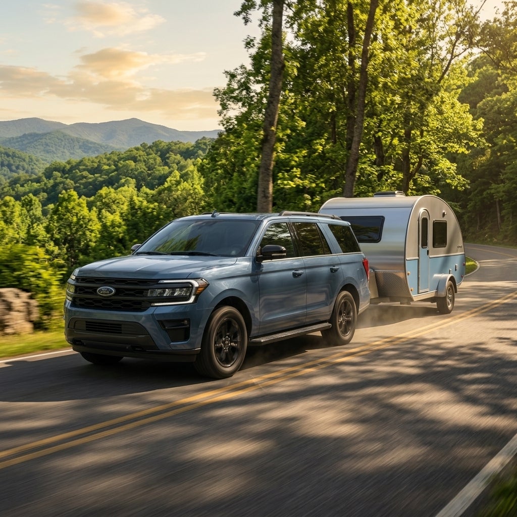 A blue Ford SUV towing a small silver camper trailer on a winding mountain road. (Representative image for illustration purposes only. Actual vehicle may vary based on trim and configuration.)