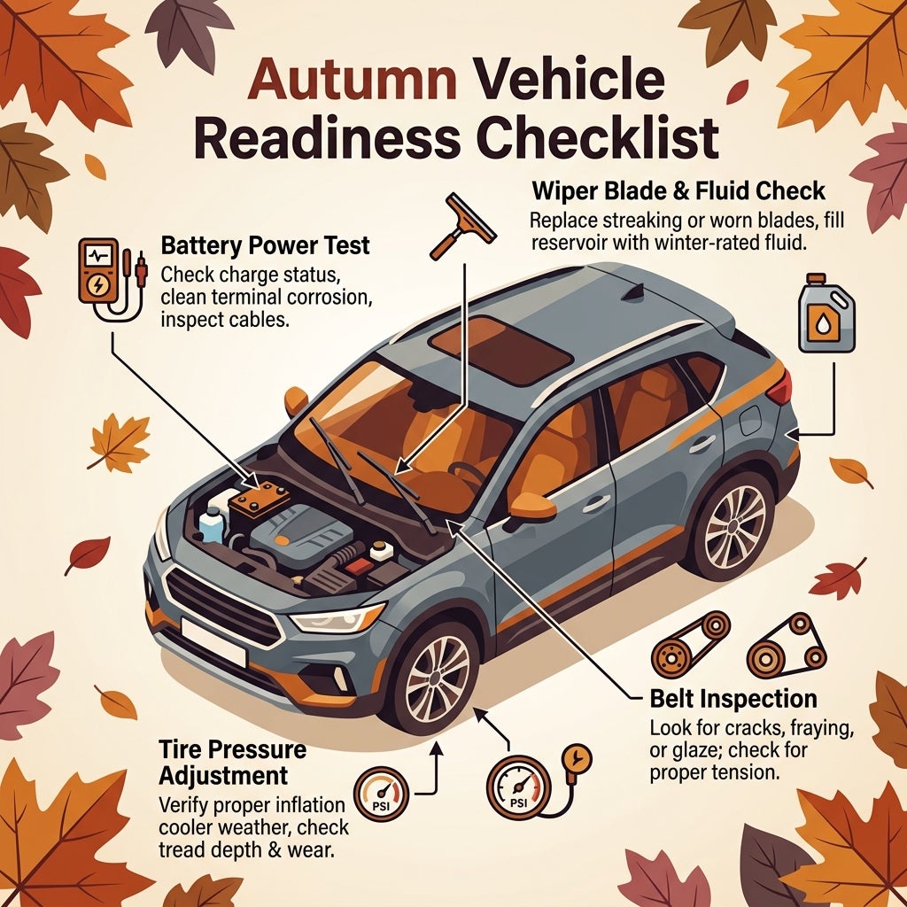 Illustrated Autumn Vehicle Readiness Checklist detailing battery, wiper, tire, and belt inspection tips for a car. (Representative image for illustration purposes only. Actual vehicle may vary based on trim and configuration.)