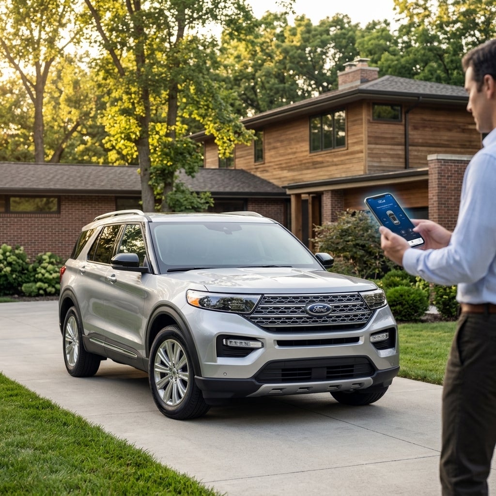 Cinematic automotive photography, a sleek silver Ford Explorer parked in a modern suburban driveway in the American Midwest, soft golden hour sunlight filtering through leafy trees, a person standing nearby holding a modern smartphone with a glowing touchscreen interface directed toward the car, sha