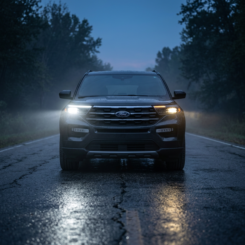 Front view of a Ford SUV parked on a wet, cracked road with headlights shining through morning fog.