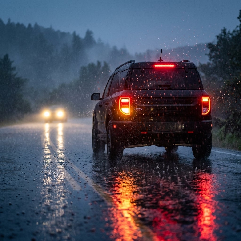 A dark SUV driving on a wet road in heavy rain at dusk, with red taillights reflecting on the asphalt. (Representative image for illustration purposes only. Actual vehicle may vary based on trim and configuration.)
