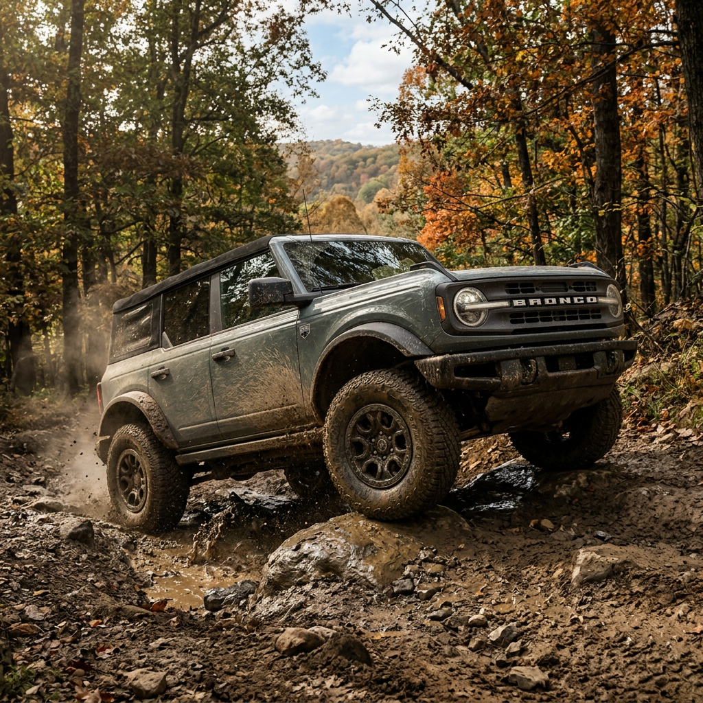 A sage green Ford Bronco driving over rocky, muddy terrain in a dense autumn forest. (Representative image for illustration purposes only. Actual vehicle may vary based on trim and configuration.)