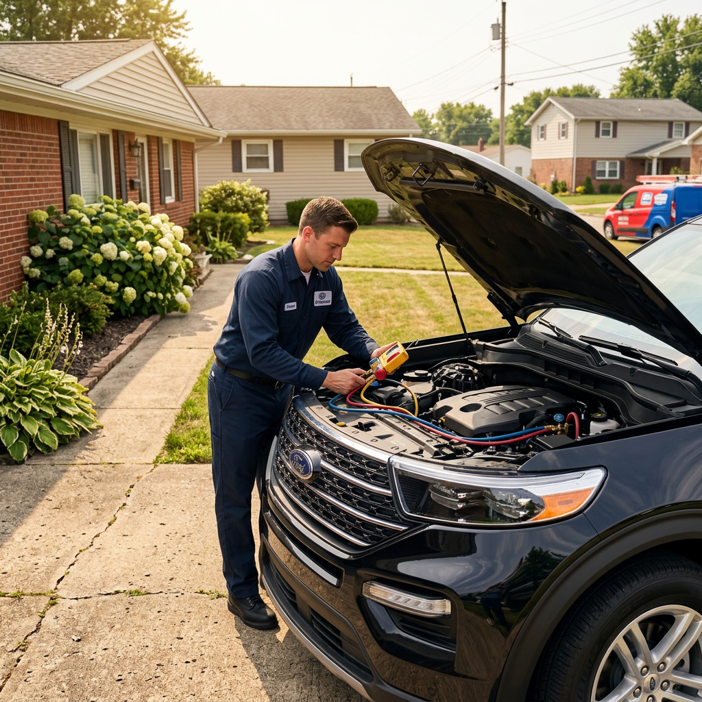 A service technician in a dark blue uniform inspects the engine of a Ford SUV in a residential driveway. (Representative image for illustration purposes only. Actual vehicle may vary based on trim and configuration.)