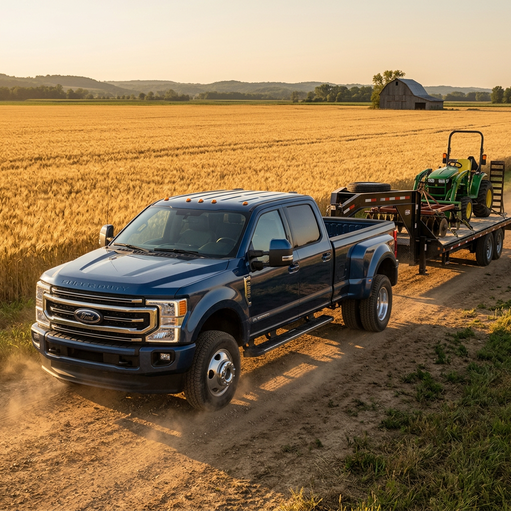 A blue Ford Super Duty dually truck towing a green tractor on a flatbed trailer down a dirt road next to a wheat field. (Representative image for illustration purposes only. Actual vehicle may vary based on trim and configuration.)