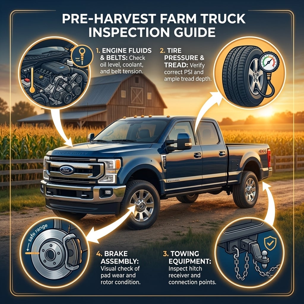 Infographic illustrating four essential pre-harvest farm truck inspection checks including fluids, tires, brakes, and hitch. (Representative image for illustration purposes only. Actual vehicle may vary based on trim and configuration.)