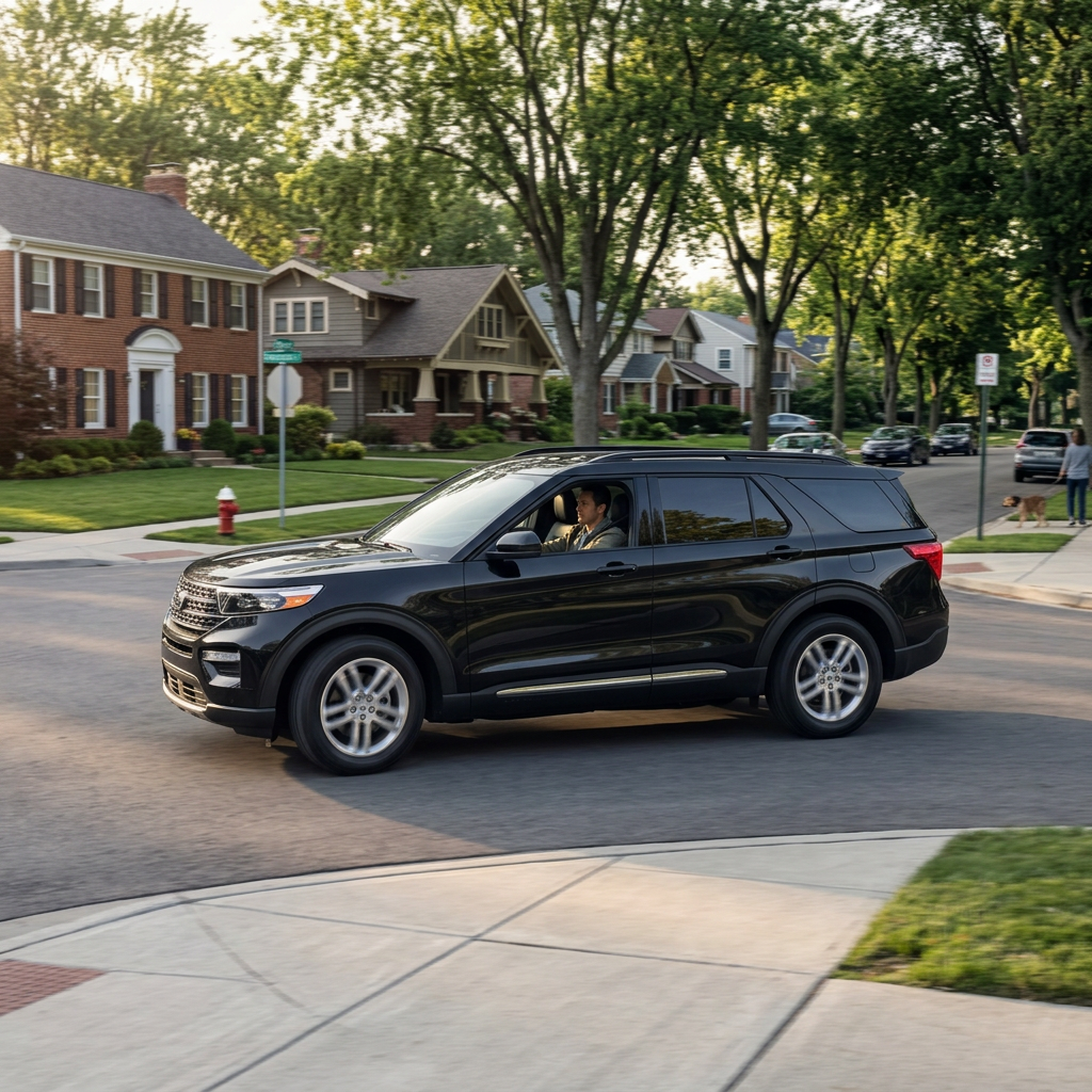 A black SUV driving through a quiet, tree-lined suburban neighborhood intersection. (Representative image for illustration purposes only. Actual vehicle may vary based on trim and configuration.)