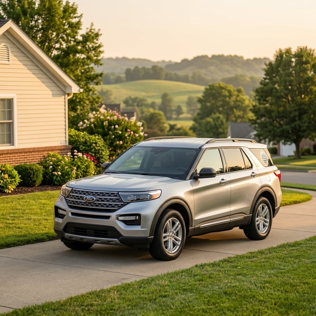 Silver Ford Explorer SUV parked on a concrete driveway in front of a suburban house during golden hour. (Representative image for illustration purposes only. Actual vehicle may vary based on trim and configuration.)